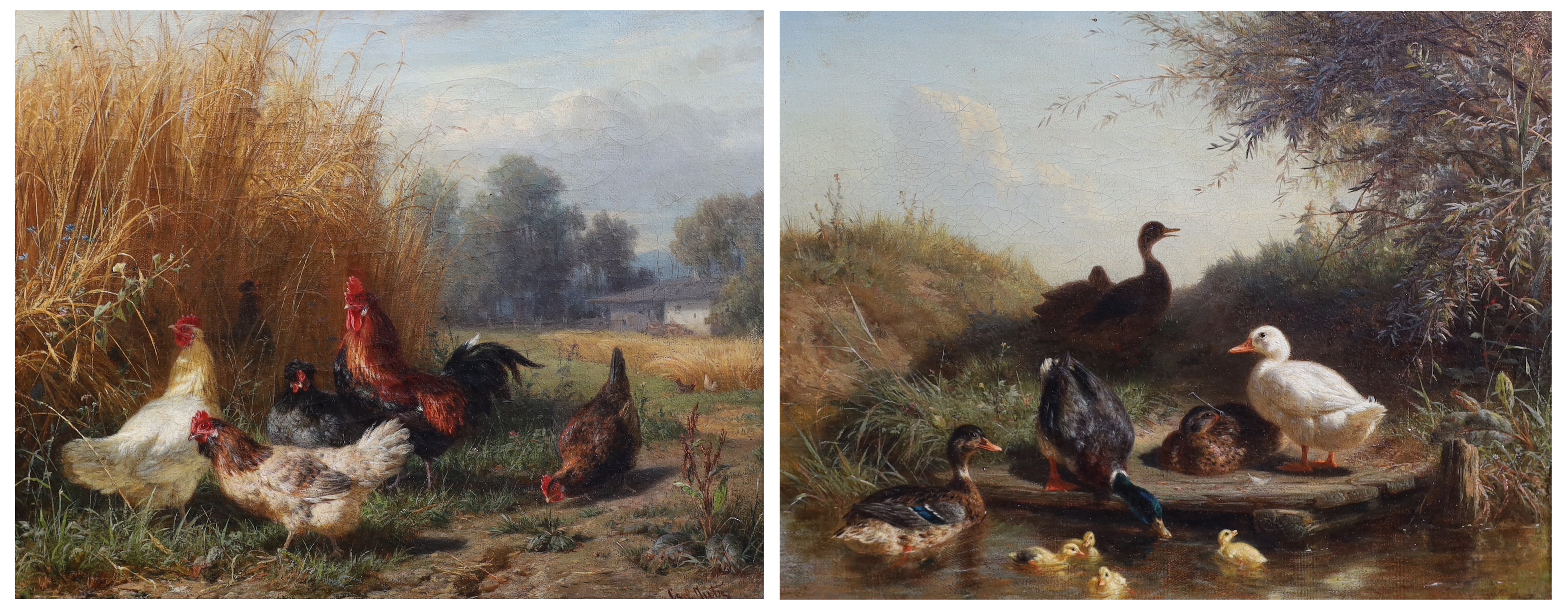 Carl Jutz (German, 1838-1916), Chickens in a field & Ducks beside a stream, pair of oils on canvas, 21 x 26cm